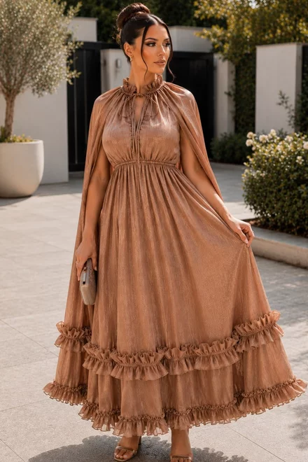 Rochie Midi , din Voal cu Fir Lurex, cu Maneci Lungi Crapate, Acessorizata cu Volane, Mavi, Bej