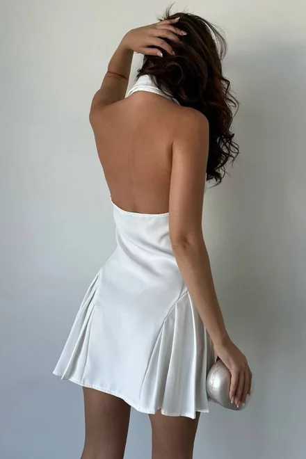 Rochie Sacou din Bistrech, Tip Vesta, cu Spate Gol si Inchdere Nasturi, Bounty, Alba
