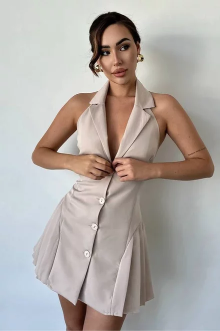 Rochie Sacou Tip Vesta, cu Inchidere Nasturi si Spate Gol, Cerutty, Cappuccino