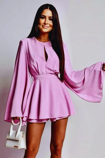 Rochie Scurta cu Fusta-Pantalon, din Voal Mat, cu Maneci Lungi Evazate, Daydream, Roz Lila