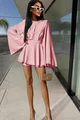 Rochie Scurta, cu Fusta-Pantalon, din Voal Mat, cu Spate Gol si Maneci Lungi Evazate, Fusione, Roz