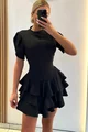 Rochie Scurta cu Volane, la Baza Gatului si cu Maneci Crapate,Usor Asimetrica, Rituals, Neagra