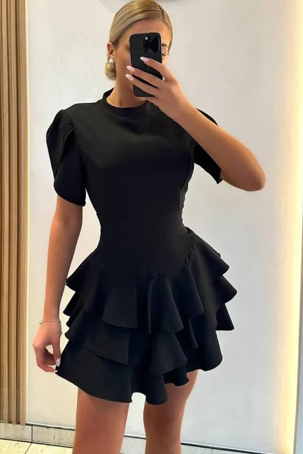 Rochie Scurta cu Volane, la Baza Gatului si cu Maneci Crapate,Usor Asimetrica, Rituals, Neagra
