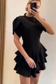 Rochie Scurta cu Volane, la Baza Gatului si cu Maneci Crapate,Usor Asimetrica, Rituals, Neagra