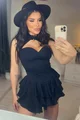  Rochie Scurta cu Volane, Legata la Gat Tip Chocker, Usor Asimetrica, Glorry, Neagra