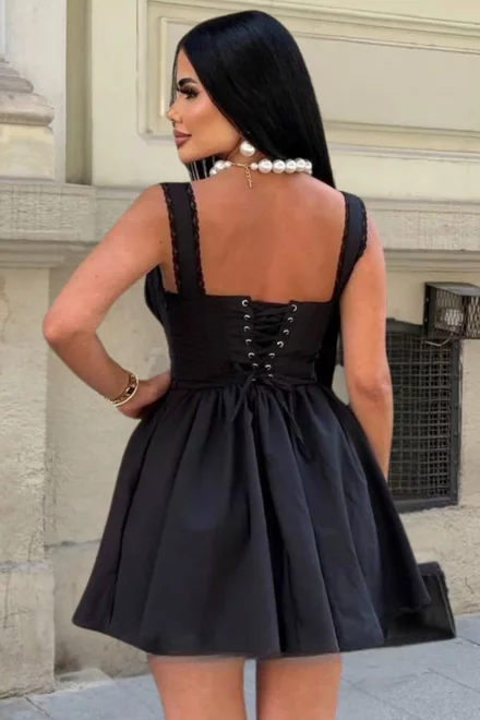 Rochie Scurta de Dama, Accesorizata cu Dantela si Snur Regabil, Serafhina, Neagra