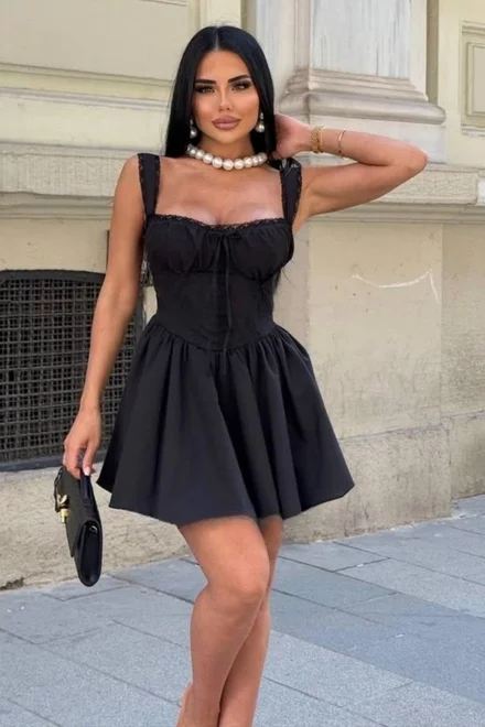 Rochie Scurta de Dama, Accesorizata cu Dantela si Snur Regabil, Serafhina, Neagra