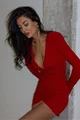 Rochie Scurta de Dama, Asimetrica, cu Decolteu in V si Maneci lungi, din Lycra, MyWish, Rosie