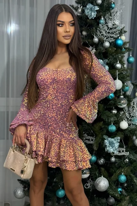 Rochie Scurta de Dama, Asimetrica, cu Maneci Lungi, din Paiete, Shimmer, Roz