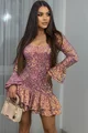 Rochie Scurta de Dama, Asimetrica, cu Maneci Lungi, din Paiete, Shimmer, Roz