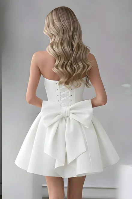 Rochie Scurta de Dama, cu Corset Reglabil, din Bistrech, si Accesorizata cu Funda Maxi la Spate, Roxenne, Ivoire