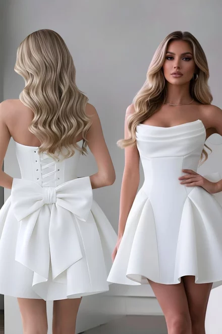 Rochie Scurta de Dama, cu Corset Reglabil, din Bistrech, si Accesorizata cu Funda Maxi la Spate, Roxenne, Ivoire