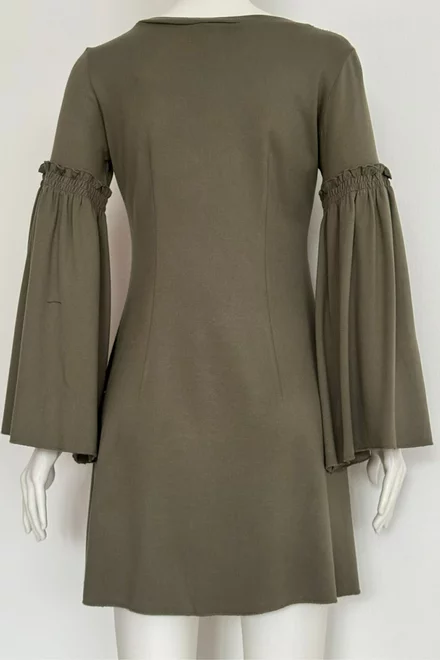 Rochie Scurta de Dama cu Decolteu in V si Maneca Clopot, Accesorizata pe Umeri, Latoya, Kaki