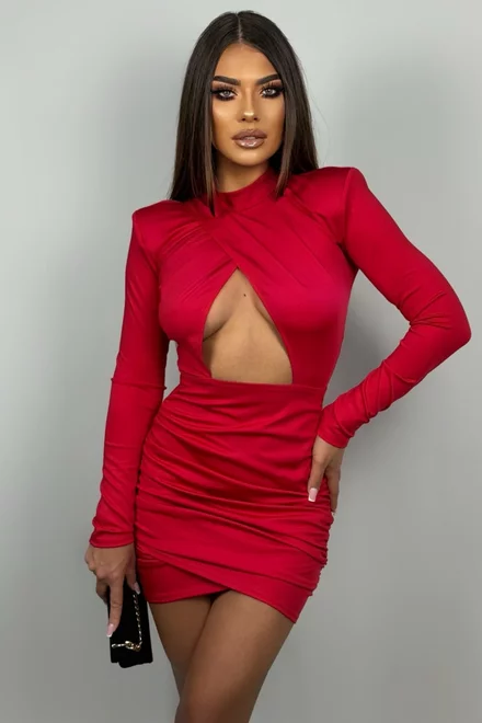 Rochie Scurta de Dama, cu Decupaje si Maneci Lungi, Selin, Rosie