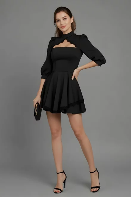 Rochie Scurta de Dama, cu Fusta-Pantalon, Accesorizata cu Dantela, Almirra, Neagra