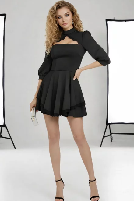 Rochie Scurta de Dama, cu Fusta-Pantalon, Accesorizata cu Dantela, Almirra, Neagra