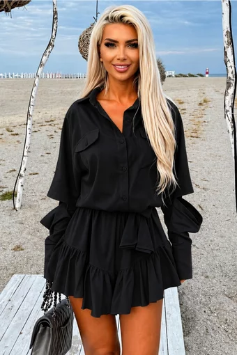 Rochie Scurta de Dama, cu Fusta-Pantalon, din Tesatura Tip In, Alezzia, Neagra