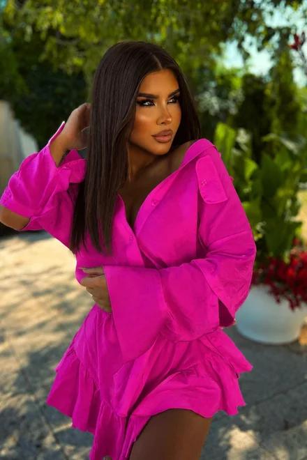Rochie Scurta de Dama, cu Fusta-Pantalon, din Tesatura Tip In, cu Maneci Detasabile, Andree, Fuchsia