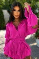 Rochie Scurta de Dama, cu Fusta-Pantalon, din Tesatura Tip In, cu Maneci Detasabile, Andree, Fuchsia