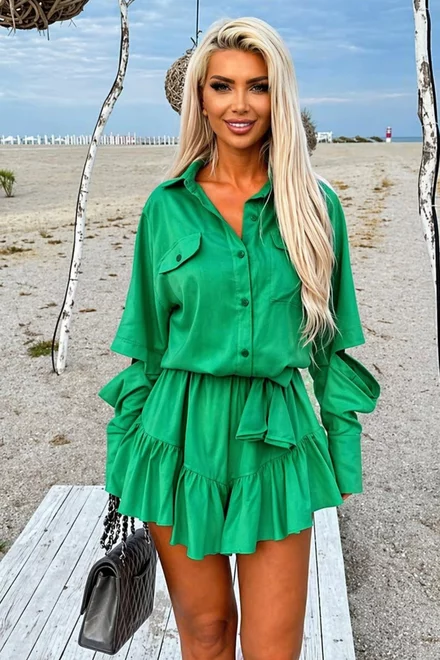 Rochie Scurta de Dama, cu Fusta Pantalon, din Tesatura Tip In, Vogga, Verde