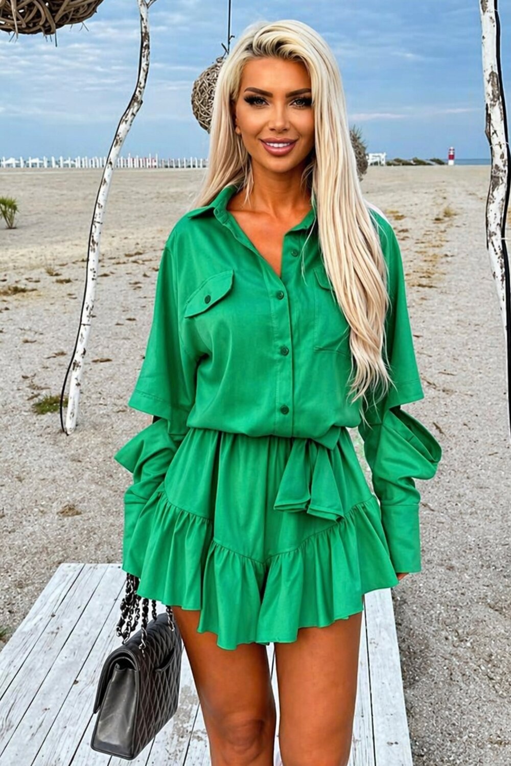 FOGGI Rochie Scurta De Dama, Cu Fusta Pantalon, Din Tesatura Tip In, Vogga, Verde