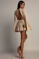 Rochie Scurta de Dama, cu Fusta-Pantalon, din Voal Mat, cu Spate Gol si Maneci Lungi Evazate, Horizon, Bej