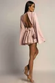 Rochie Scurta de Dama, cu Fusta-Pantalon, din Voal Mat, cu Spate Gol si Maneci Lungi Evazate, Nude Bej