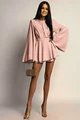 Rochie Scurta de Dama, cu Fusta-Pantalon, din Voal Mat, cu Spate Gol si Maneci Lungi Evazate, Nude Bej