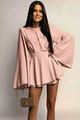 Rochie Scurta de Dama, cu Fusta-Pantalon, din Voal Mat, cu Spate Gol si Maneci Lungi Evazate, Nude Bej