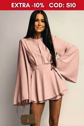 Rochie Scurta de Dama, cu Fusta-Pantalon, din Voal Mat, cu Spate Gol si Maneci Lungi Evazate, Nude Bej