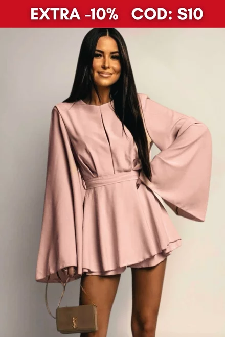 Rochie Scurta de Dama, cu Fusta-Pantalon, din Voal Mat, cu Spate Gol si Maneci Lungi Evazate, Nude Bej