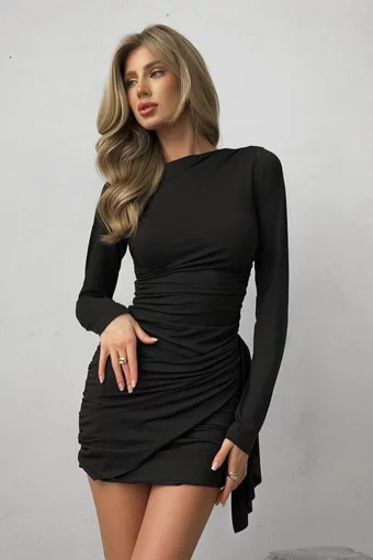 Rochie Scurta de Dama, cu Inchidere Fermoar si Maneci Lungi, din Bumbac, Ellantra, Neagra