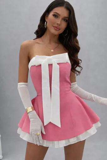 Rochie Scurta de Dama, cu Inchidere Fermoar si Poplin Alb, fara Maneci, Luxe, Roz