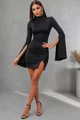 Rochie Scurta de Dama, din Lycra, cu Maneci Clopot  si Crapata pe Picior, Artemis, Neagra