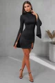Rochie Scurta de Dama, din Lycra, cu Maneci Clopot  si Crapata pe Picior, Artemis, Neagra