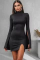 Rochie Scurta de Dama, din Lycra, cu Maneci Clopot  si Crapata pe Picior, Artemis, Neagra