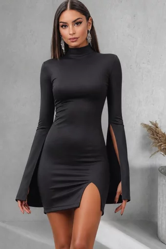 Rochie Scurta de Dama, din Lycra, cu Maneci Clopot  si Crapata pe Picior, Artemis, Neagra