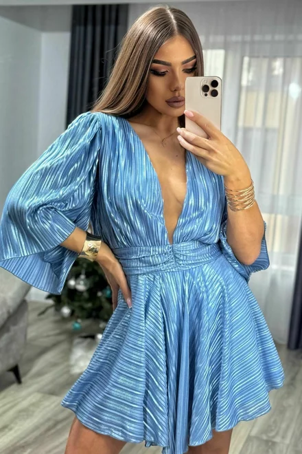 Rochie Scurta de Dama, cu Maneci Evazate si Inchidere Fermoar, Marmaid, Bleu