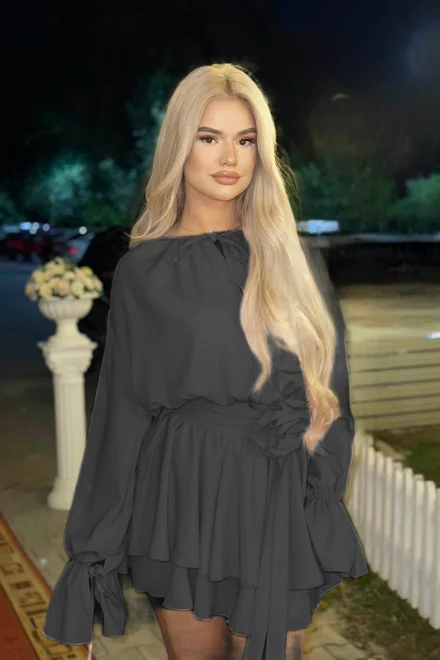 Rochie Scurta de Dama, cu Maneci Lungi Bufante si Accesorizata cu Floare in Talie, Midnight, Neagra