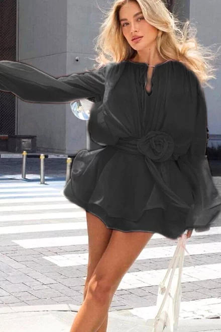 Rochie Scurta de Dama, cu Maneci Lungi Bufante si Accesorizata cu Floare in Talie, Midnight, Neagra