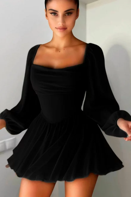Rochie Scurta de Dama, cu Maneci Lungi Bufante si Inchidere Corset Reglabil, Celeste, Neagra