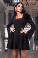 Rochie Scurta, de Dama, cu Maneci Lungi, Crapate, si Accesoriu Floare pe Bust, Elisabeta, Neagra