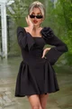 Rochie Scurta, de Dama, cu Maneci Lungi, Crapate, si Accesoriu Floare pe Bust, Elisabeta, Neagra