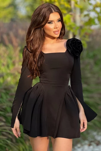 Rochie Scurta, de Dama, cu Maneci Lungi, Crapate, si Accesoriu Floare pe Bust, Elisabeta, Neagra
