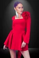 Rochie Scurta de Dama, cu Maneci Lungi Crapate si Accesoriu Floare pe Umar, Arramis, Rosie