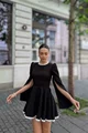 Rochie Scurta de Dama, cu Maneci Lungi Crapate si Contur cu Dantela Alba in Contrast, Booking, Neagra