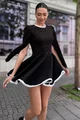 Rochie Scurta de Dama, cu Maneci Lungi Crapate si Contur cu Dantela Alba in Contrast, Booking, Neagra