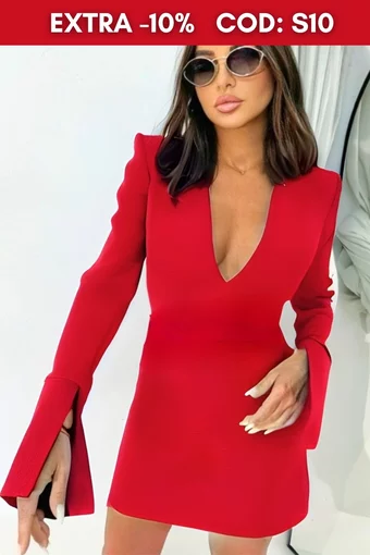 Rochie Scurta, de Dama, cu Maneci Lungi Crapate si Decolteu in V, Rimmel, Rosie