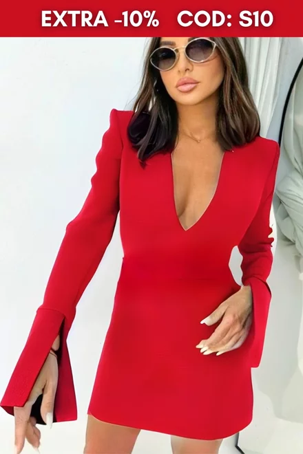 Rochie Scurta, de Dama, cu Maneci Lungi Crapate si Decolteu in V, Rimmel, Rosie