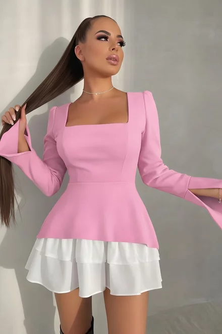 Rochie Scurta de Dama,  cu Maneci Lungi Crapate si Poplin Alb, Mynelly, Roz